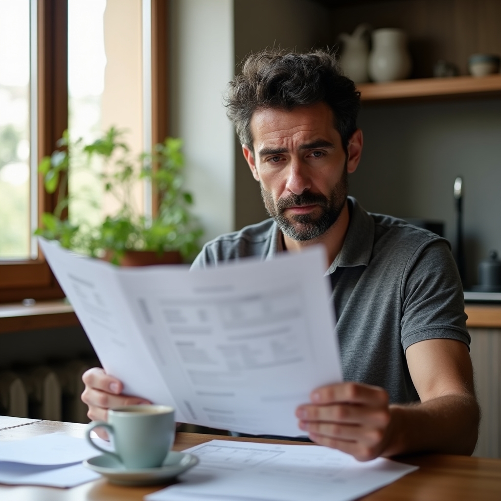 Imprenditore di fronte a documenti finanziari con espressione riflessiva