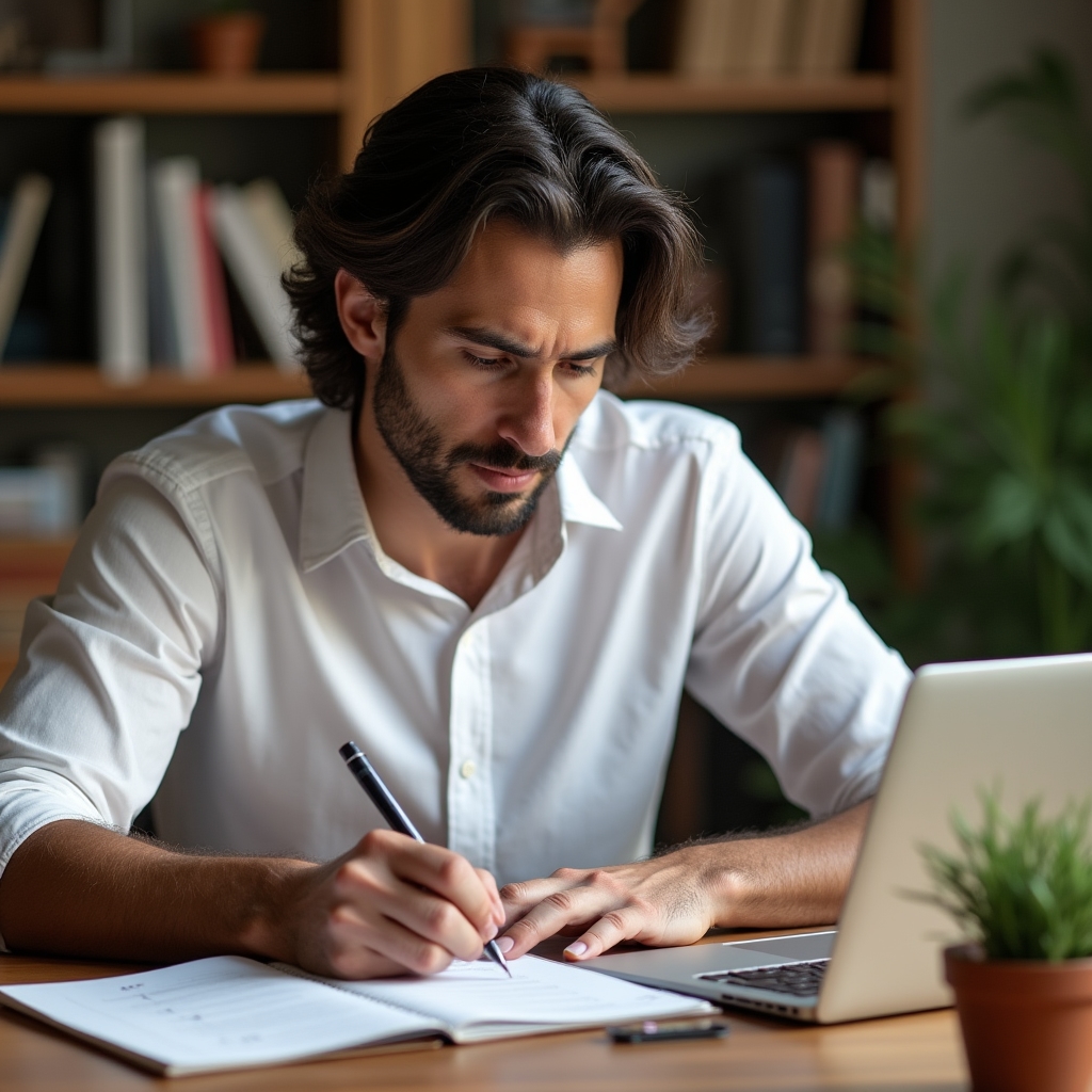 Imprenditore che prende appunti durante una lezione online su laptop